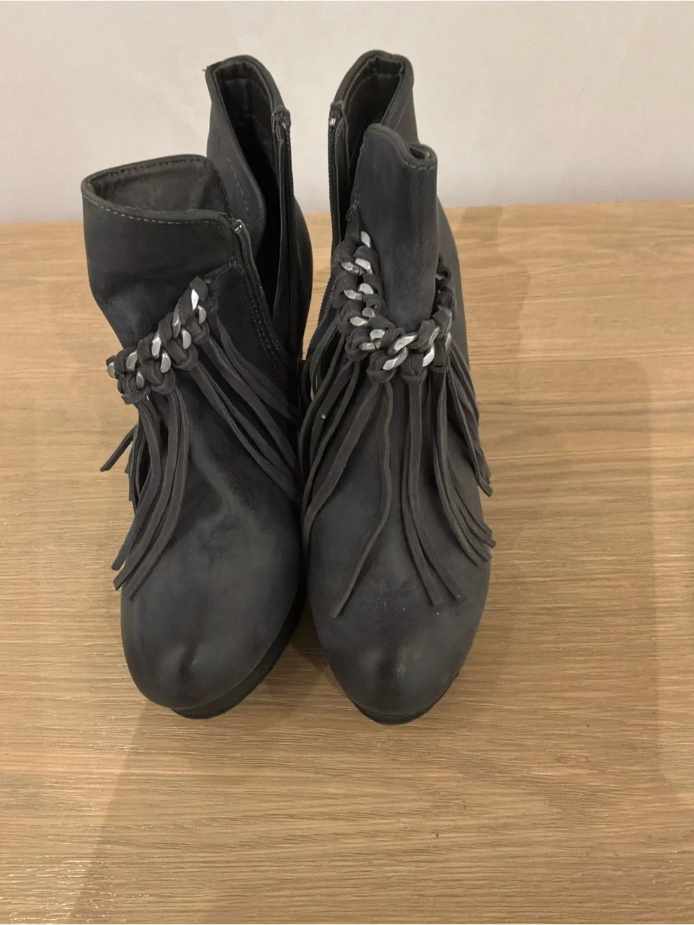 Wedge Fringe Ankle Boots - Gray